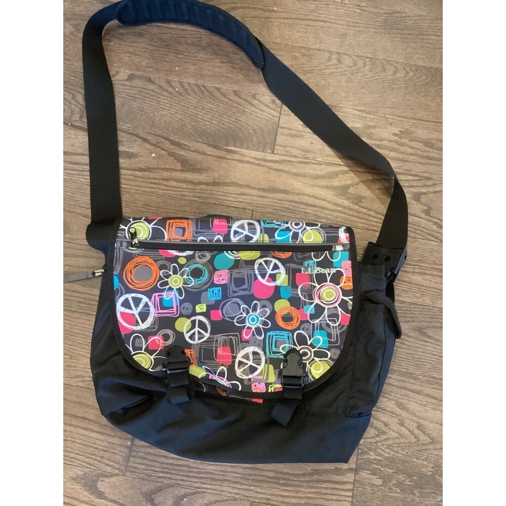 LL BEAN Messenger Laptop Shoulder Bag Peace Sign Pattern Preowned